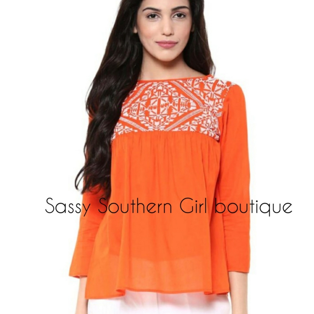 ⭐🆕Boho hippie orange embroidery peasant top